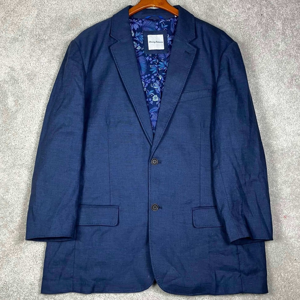 Tommy Bahama Sport Coat Mens XXL Blue Linen Blend Floral Lined Blazer